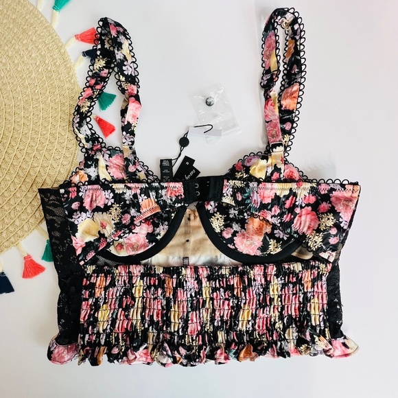 For Love And Lemons Gardenia Long Line Bra Black Multi Floral Medium NEW - Picture 3 of 6
